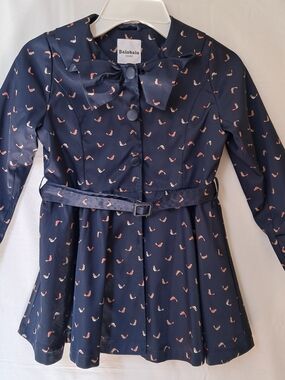 Balabala Girls Navy Blue Bird‎ Print Trench Coat with Bow and Belt Size 120/60